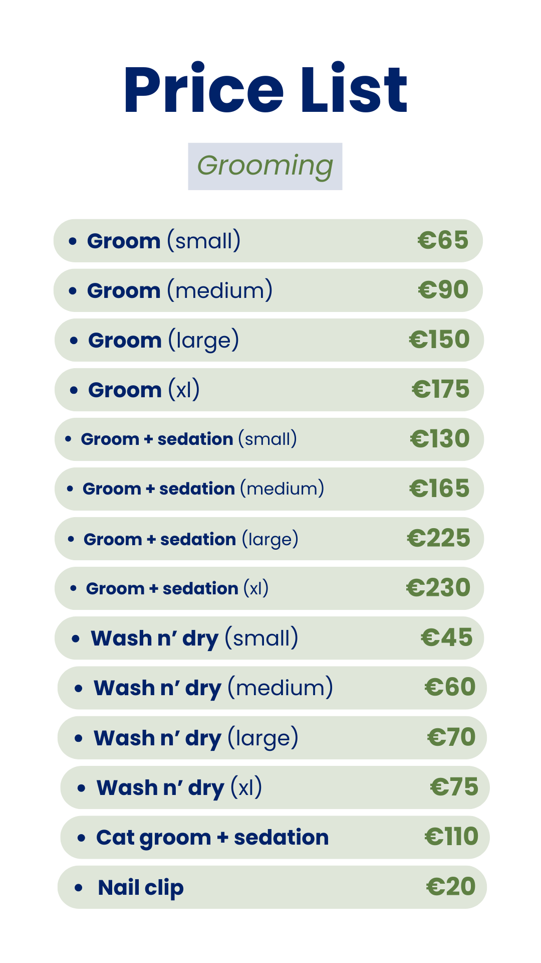 grooming prices